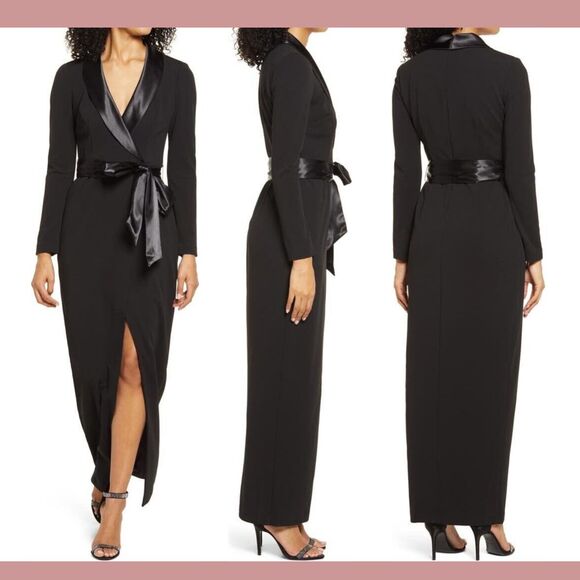 NWT $188 Eliza J [‎ 4 ] Long Sleeve Tuxedo Gown Black #Q956 Women